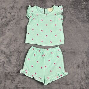 Btween 2 Piece Set Toddler 4 Mint Green Allover Flamingo Ruffled Flutter Sleeve